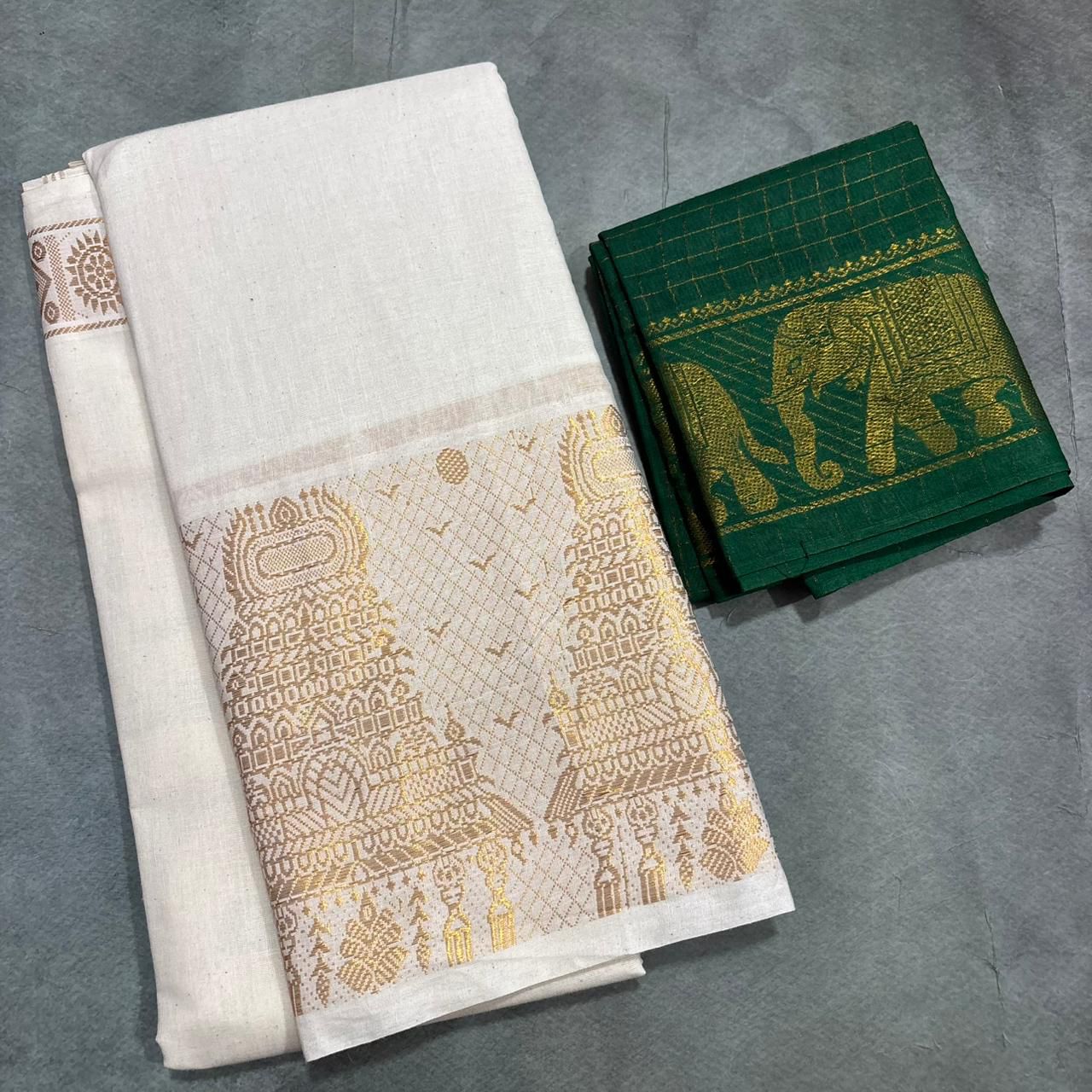 Kerala-inspired Sungudi Cotton Saree-Temple border-Green blouse